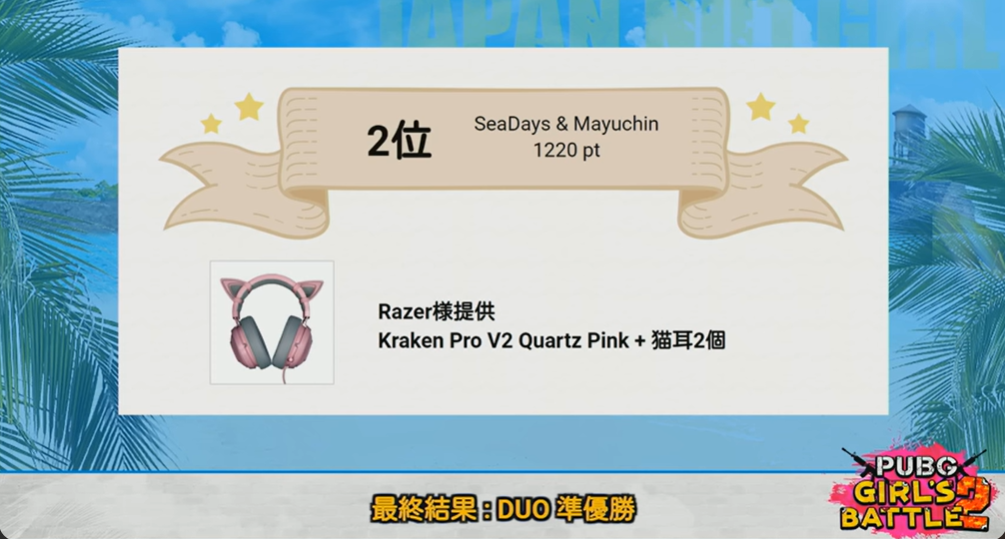 SeaDays(うみちゃん)が「第二回PUBG GIRLS BATTLE」という大会で準優勝したことがわかる