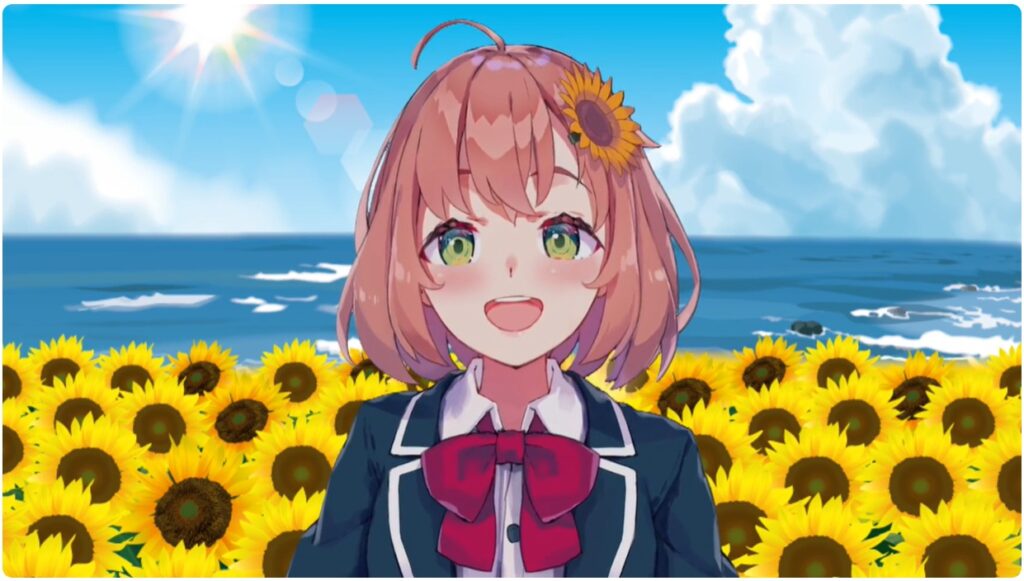 本間ひまわりさんは本当に周りのような女の子で髪に大きなひまわりをつけている可愛い女子高生VTuberです
