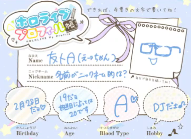 2021年配信のプロフィール帳で友人A(えーちゃん)は2月28日20歳と本人記載がある