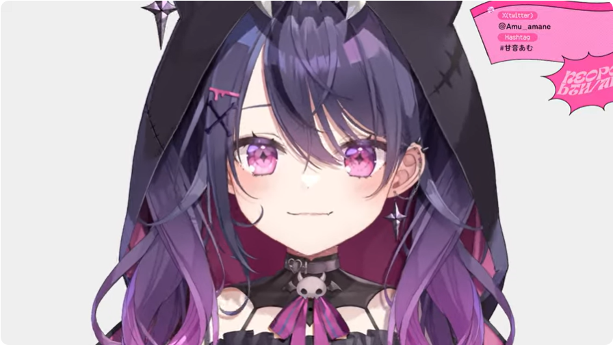 甘音あむの初配信。魔界の人の設定で黒いフードをかぶっている。