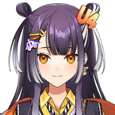 海妹四葉は紫色のロングの髪の毛白のめっしょで全体的に黄色とオレンジがイメージカラーの元気で明るい女の子