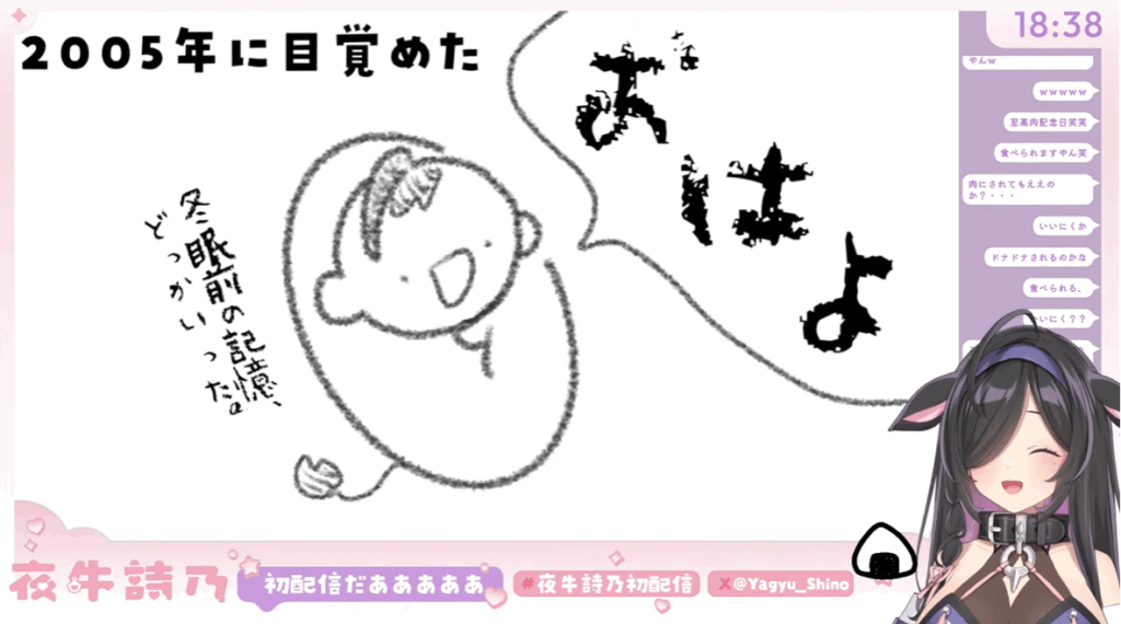 夜牛詩乃の中の人の年齢は不明だが、2005年に目覚めたと初配信で紹介されている