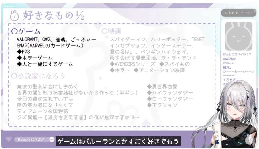 ソフィア・バレンタインさんは初配信で好きなゲームの中でVALORANTが好きと一番初めに紹介しています