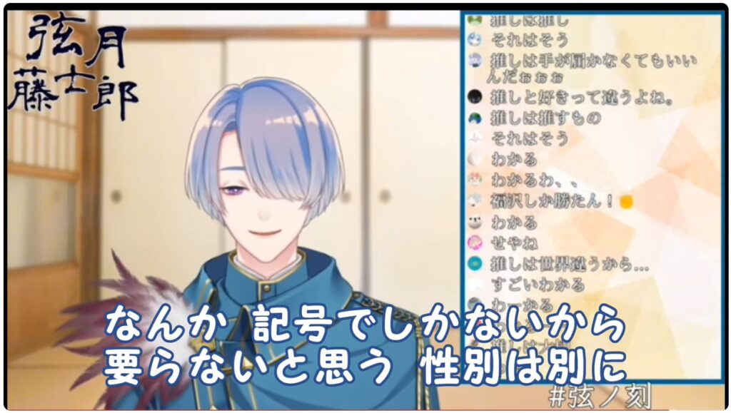 弦月藤士郎は、性別を記号だとし、自身の体は男性だが、性別は弦月だと公表している