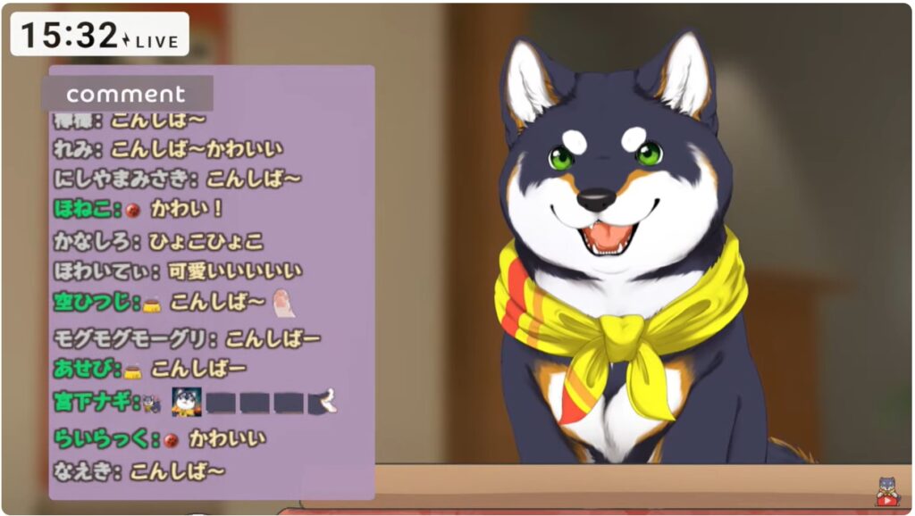 黒井しばは、黒柴犬のVTuberで赤いスカーフを巻いている
