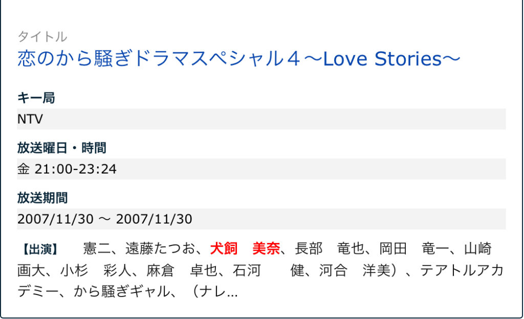 犬飼美奈が出演した番組に、名前が記載されている。