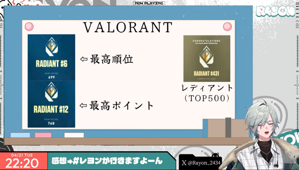 VALORANTで世界6位、768ポイントのレディアントを紹介するレヨンの配信