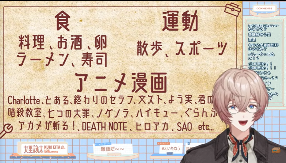 九里詠太の好きなこと、ものの紹介一覧